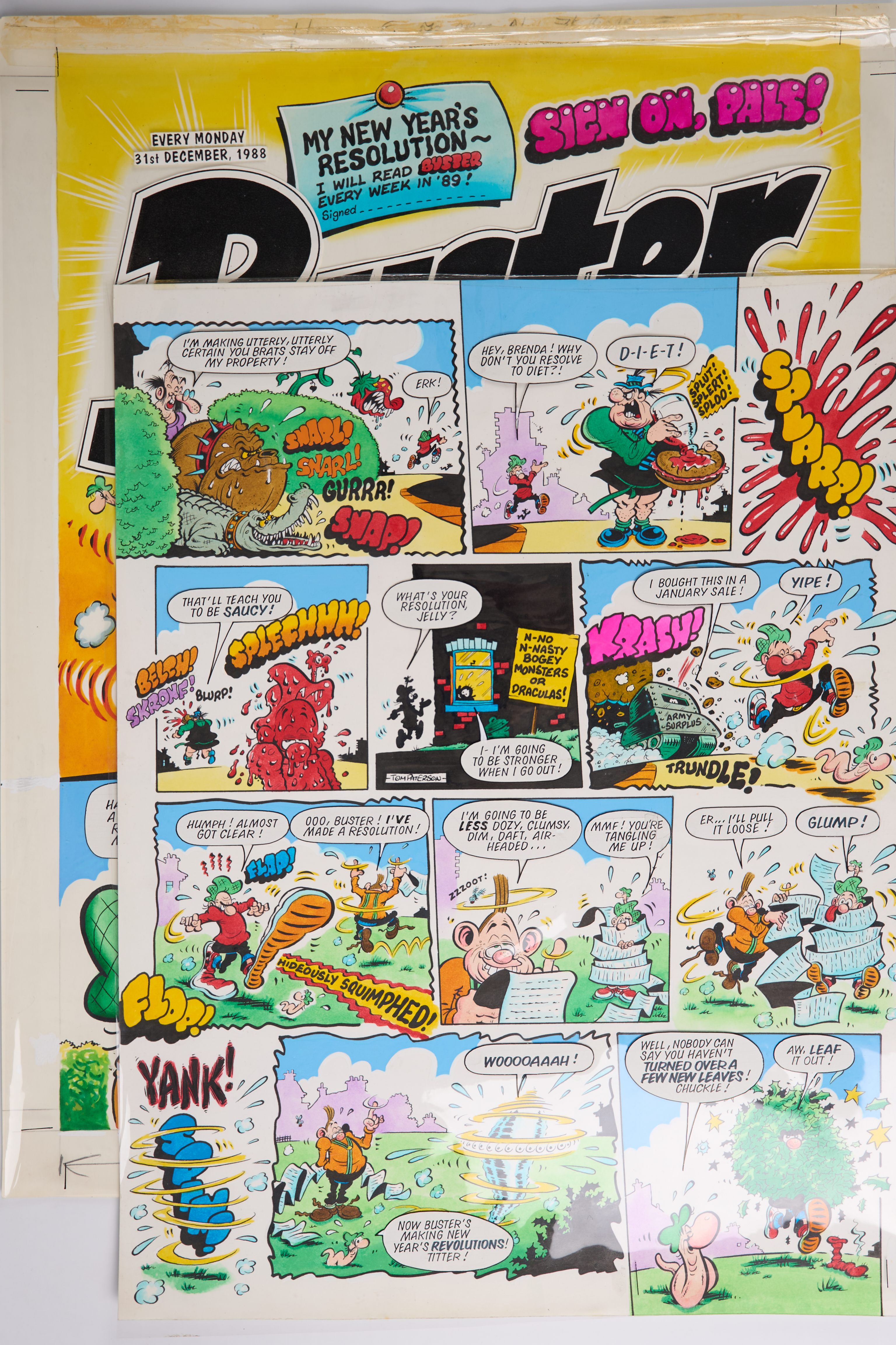 Tom Paterson Buster 31st December 1988 Christmas Issue Cover and Story Art (Fleetway, 1988) Total 2