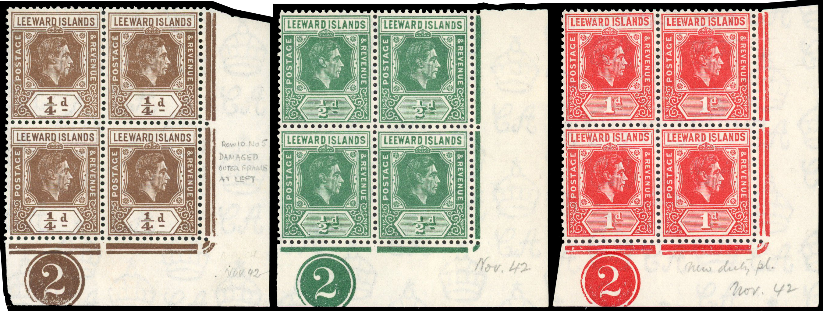 Leeward Islands SG 95aa, 96b, 99b Plate blocks mint