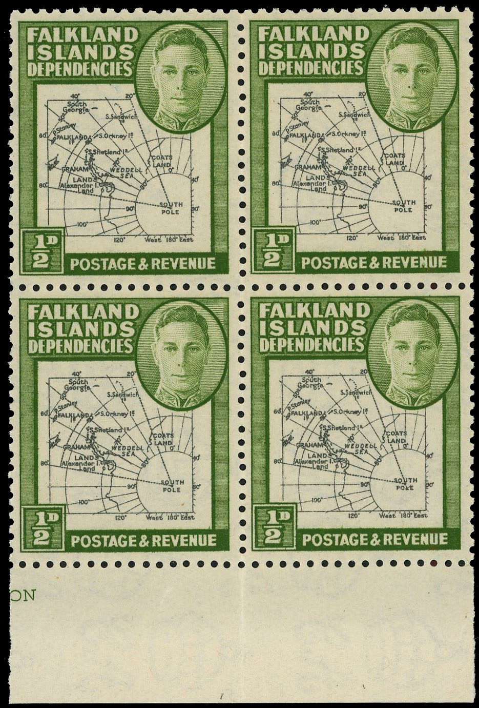 1946 Thick Map ½d black and green bottom marginal block of four (vertical fold), Plate 2 R6/8 SOUTH POKE, unmounted o.g. ...