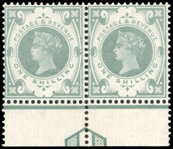 GB 1887-92 1s dull green, lower marginal horizontal pair from Setting 2, SG 211var