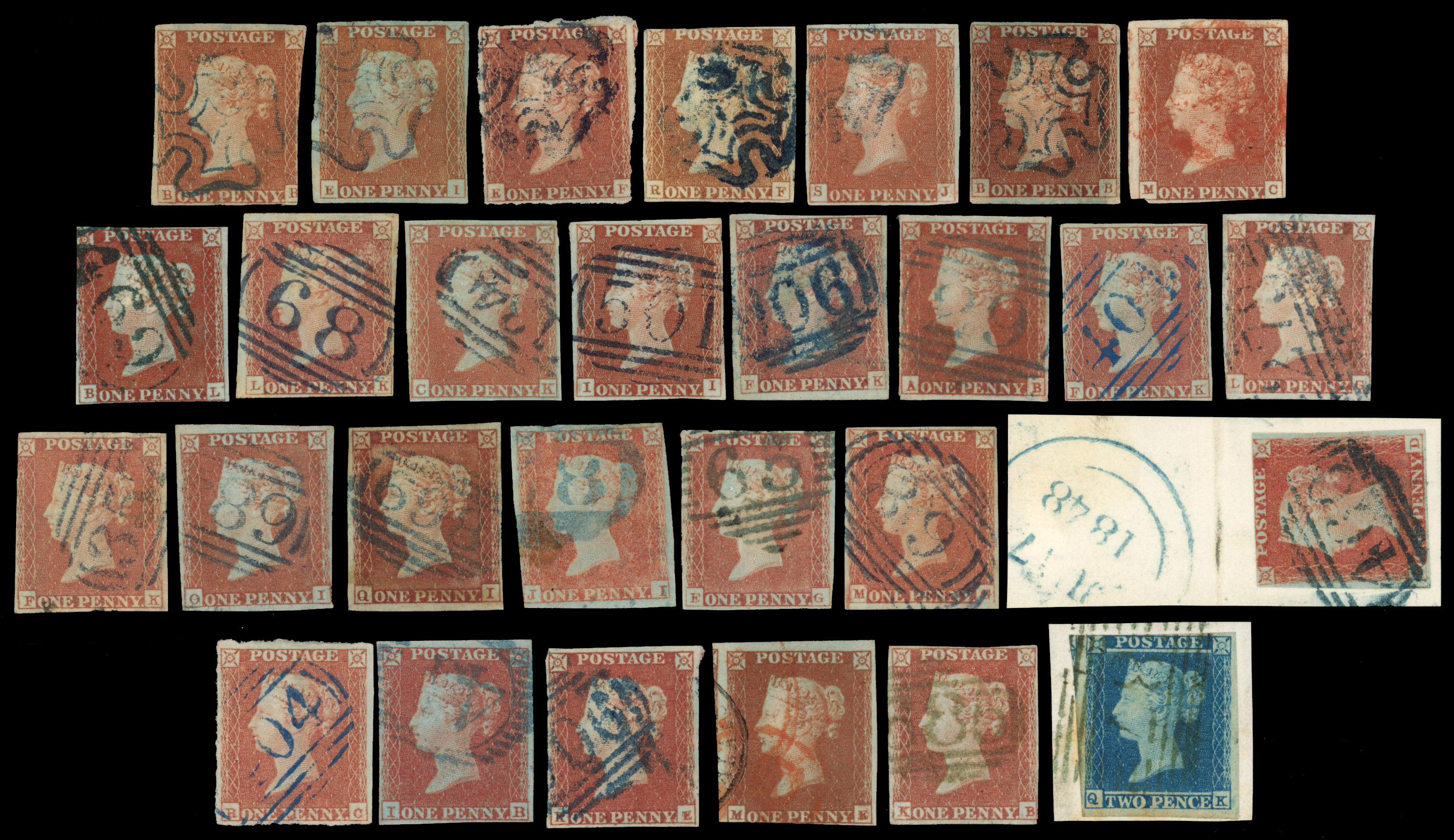 GB 1841 1d Red-brown & 2d Blue. Selection of twenty-eight imperforate examples with coloured cancellations