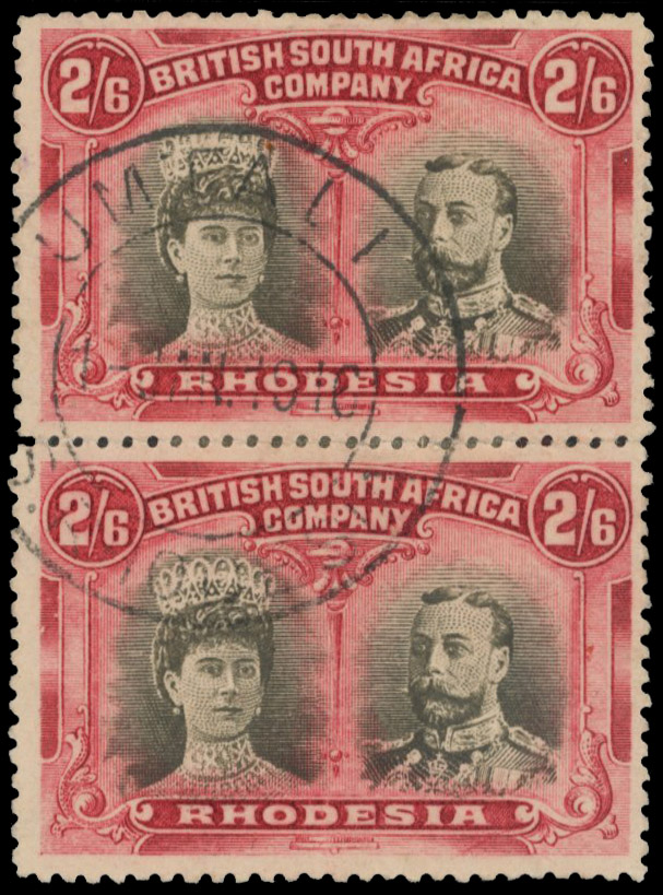 2s6d brownish black and carmine-red RSC A vertical pair, used at Umtali