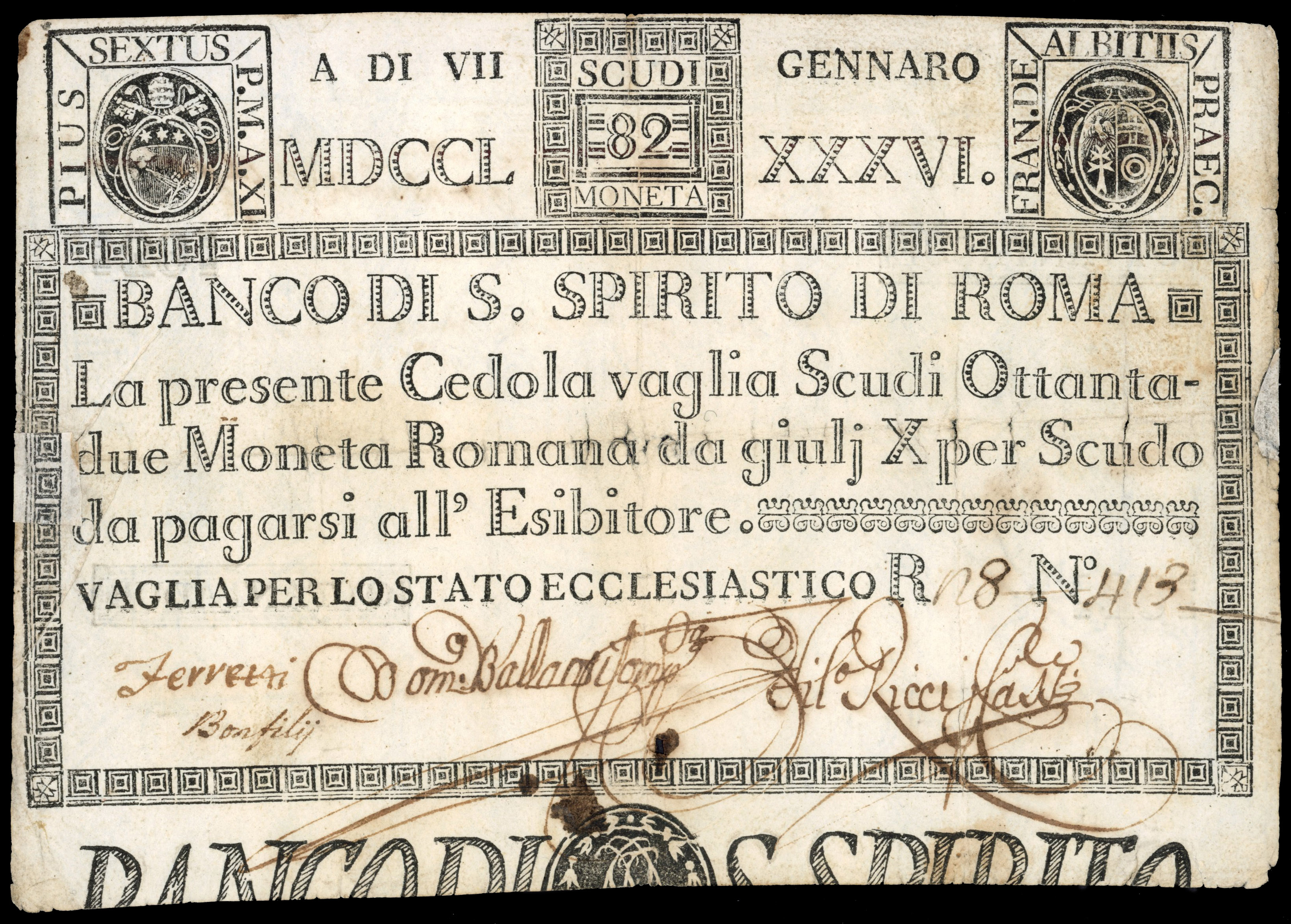 Italy, Papal States, Banco di S. Spirito di Roma, 1785-95 issue, 82 scudi, with black print, on parchment like…