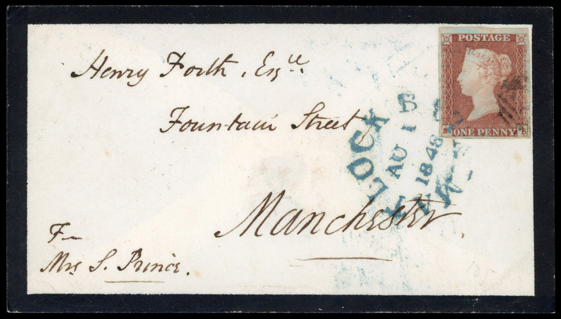 1841 1d Red-brown Pl.79. Fantastic mourning envelope Blue Matlock Bath datestamp