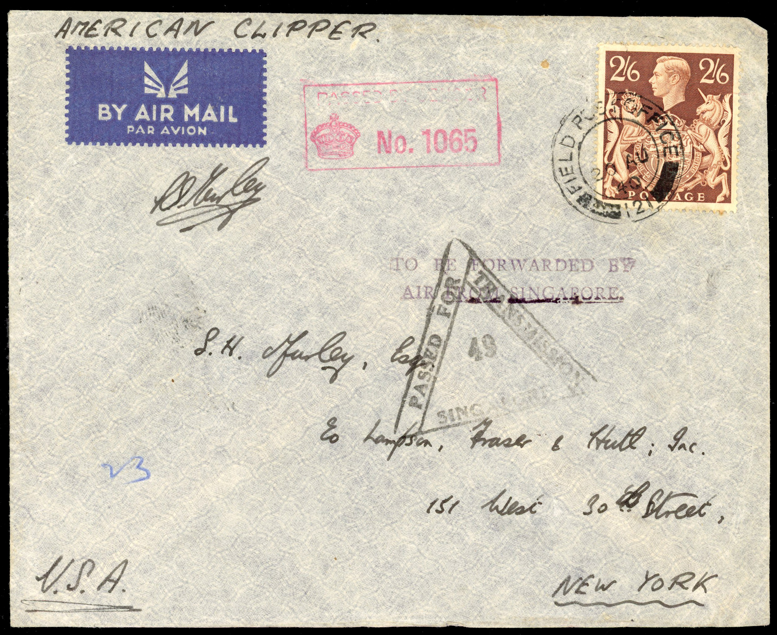 Singapore instructional marking on 1940 FPO cover