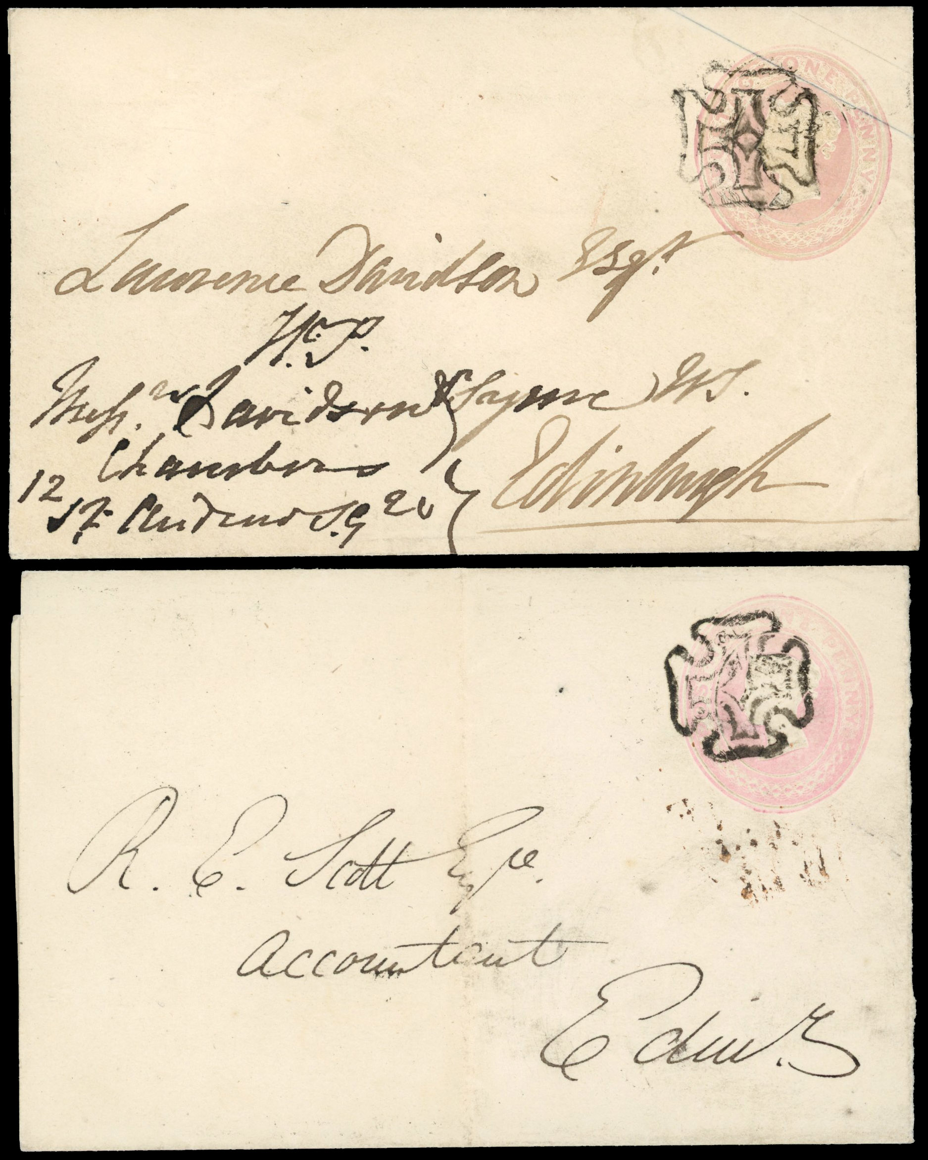 GB: POSTAL STATIONERY: 1841 1d pink cover to Edinburgh tied distinctive Kelso black Maltese cross