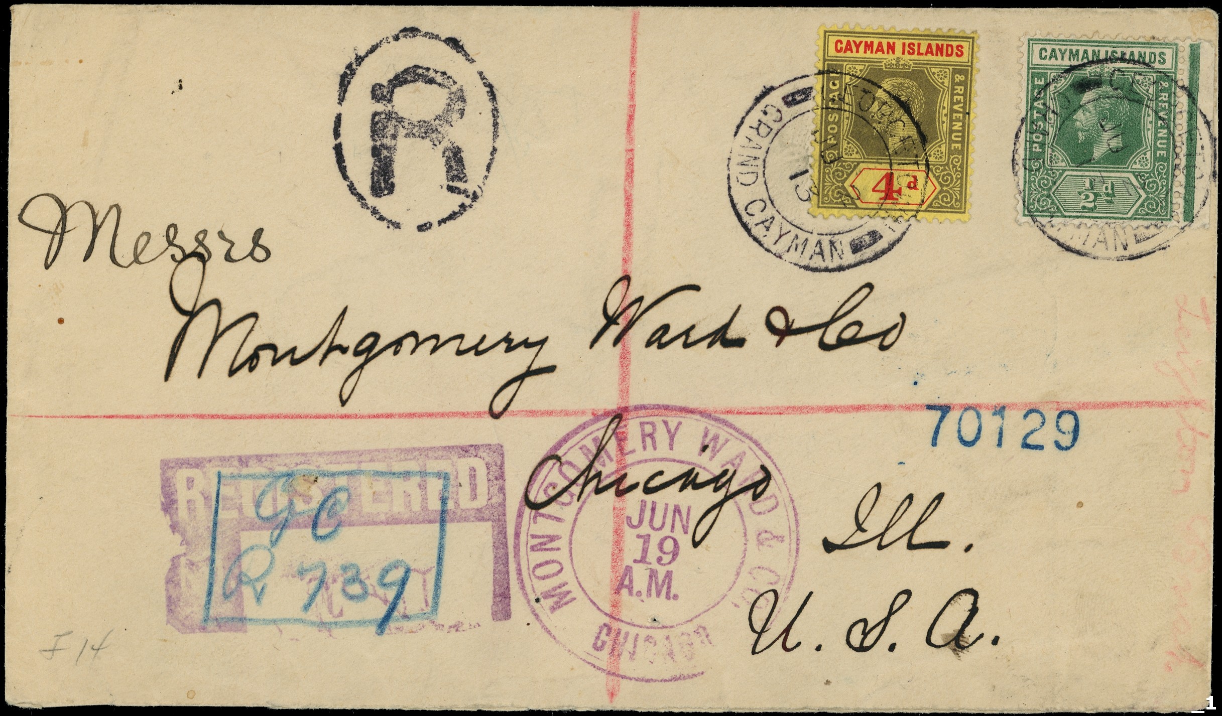 Caymans 1913 registered cover to...