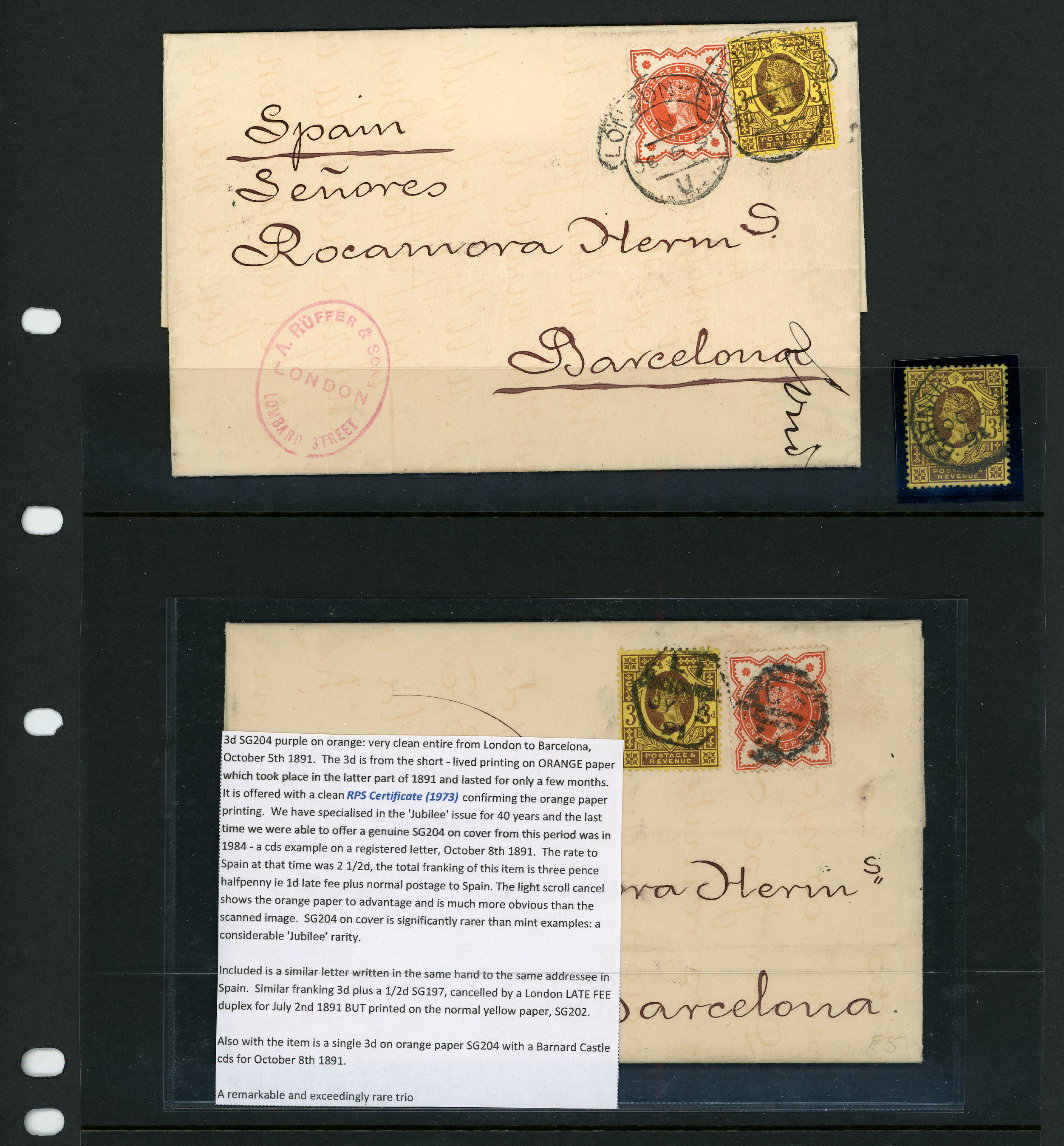 Postal History. 1891 entire to Barcelona...
