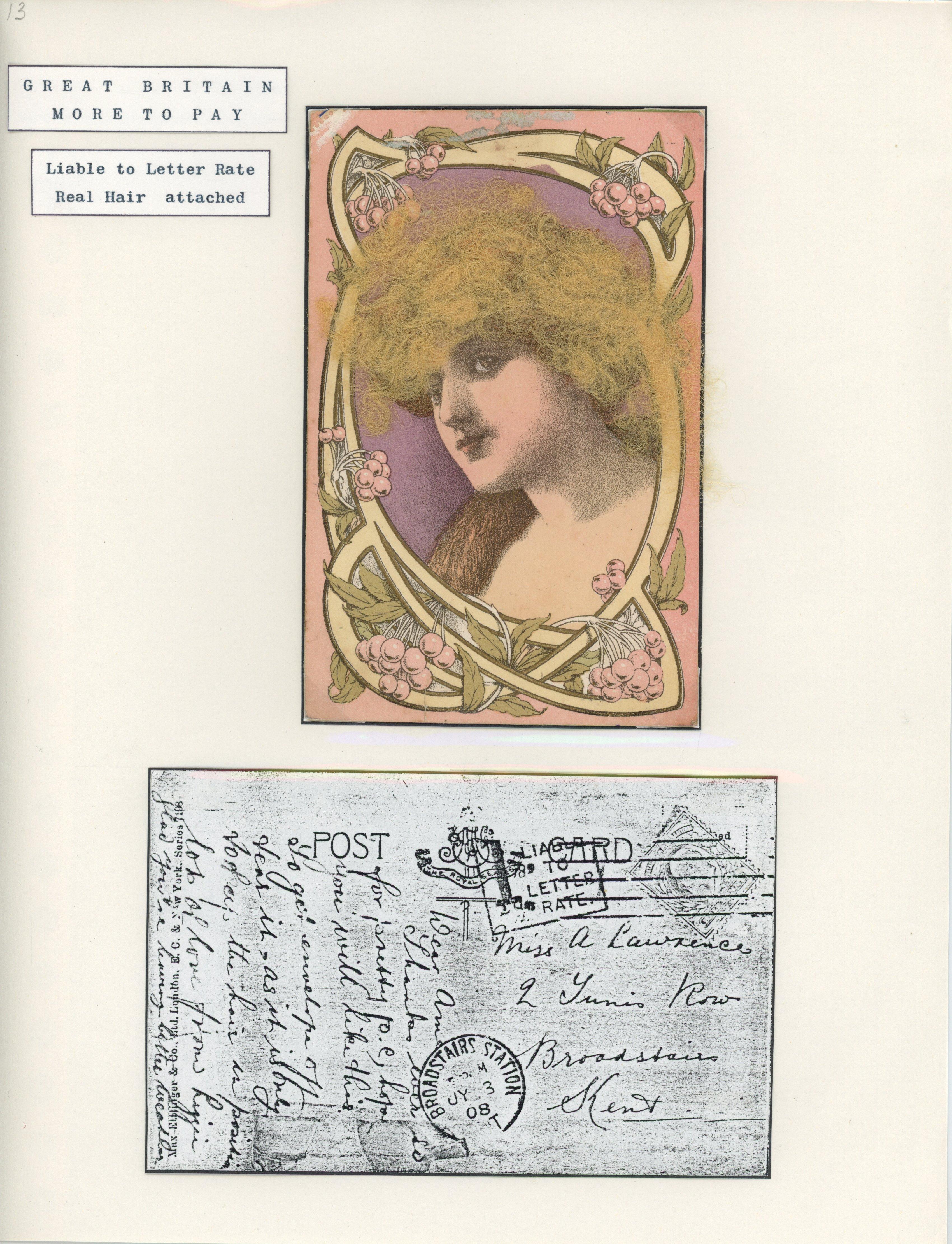 Great Britain 1908 novelty postcard with hair attached