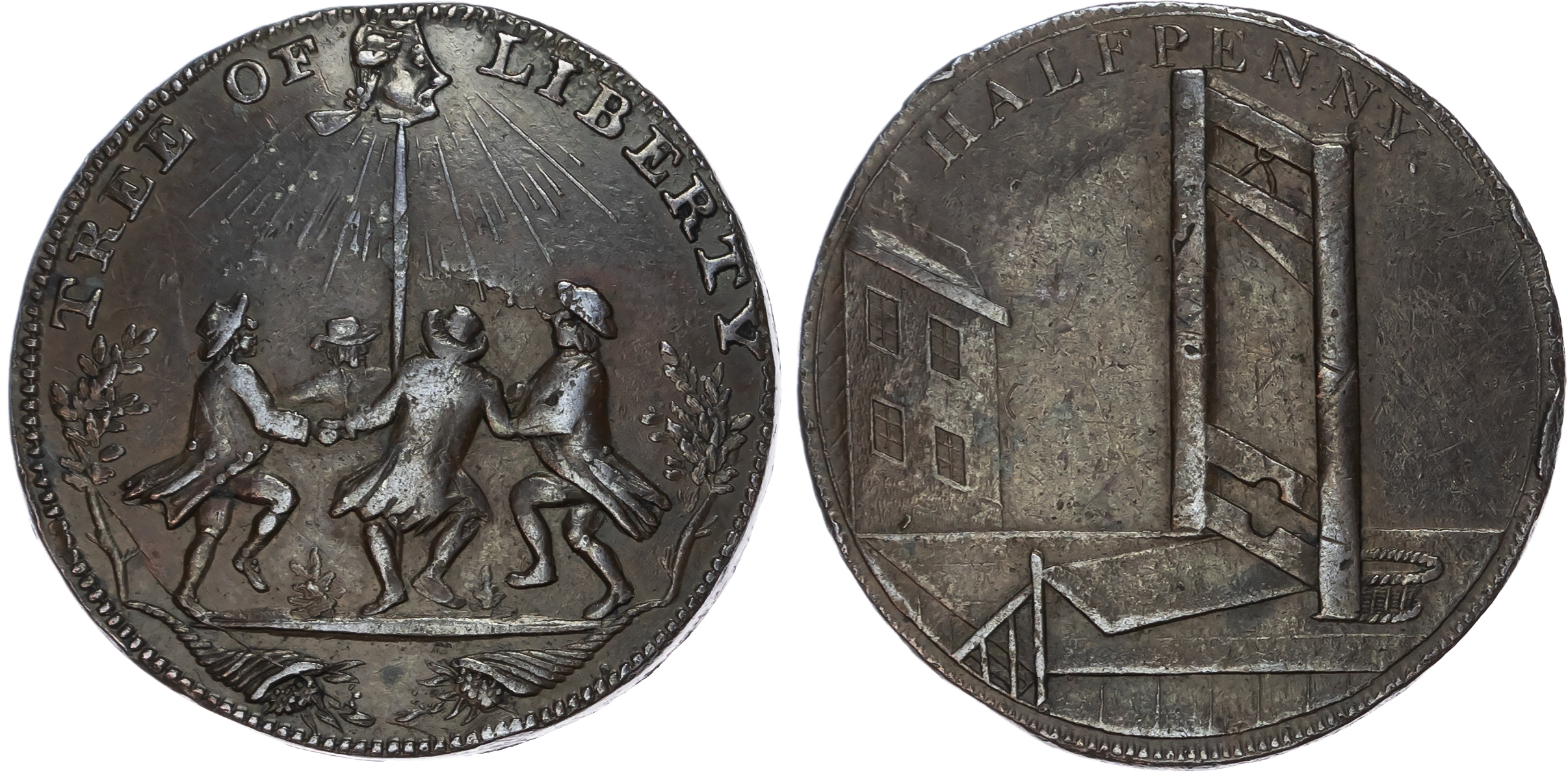 London, Holborn, Thomas Spence Halfpenny undated, Four men dancing around a pole with a severed head on top (W…