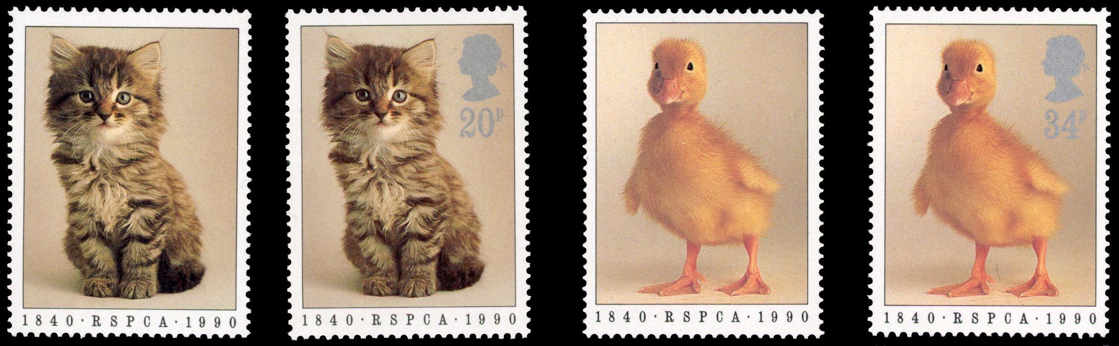 1990 150th Anniversary of RSPCA 20p Kitten, silver (Queen's head and face value) omitted and 34p Duckling, silver 