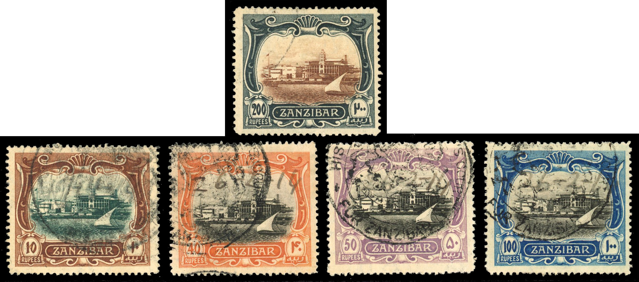 Zanzibar 1908 10r, 40r, 50r, 100r, 200r fiscally used