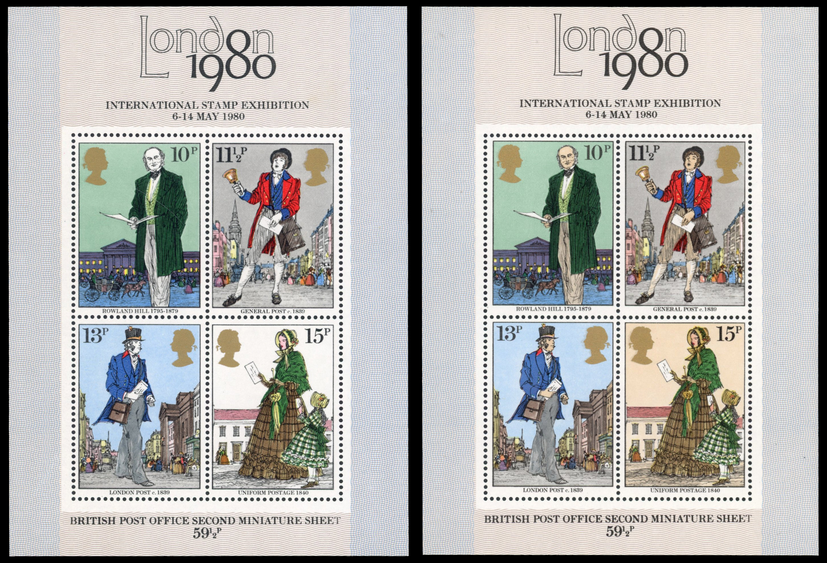 Great Britain SG MS1099b 1979 Rowland Hill miniature sheet with brown-ochre omitted.