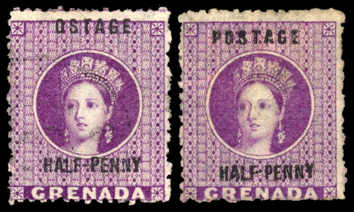 Grenada 1881 1/2d 'Ostage' and no hyphen varieties unused