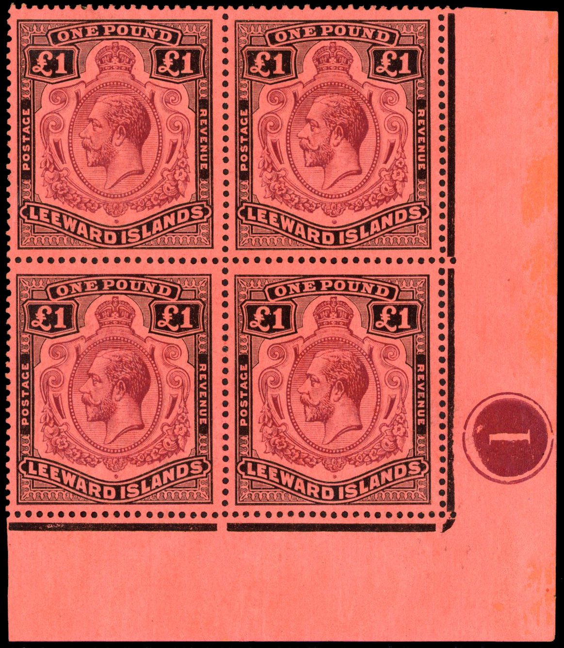 Leeward Islands 1921-32 £1 plate block of 4