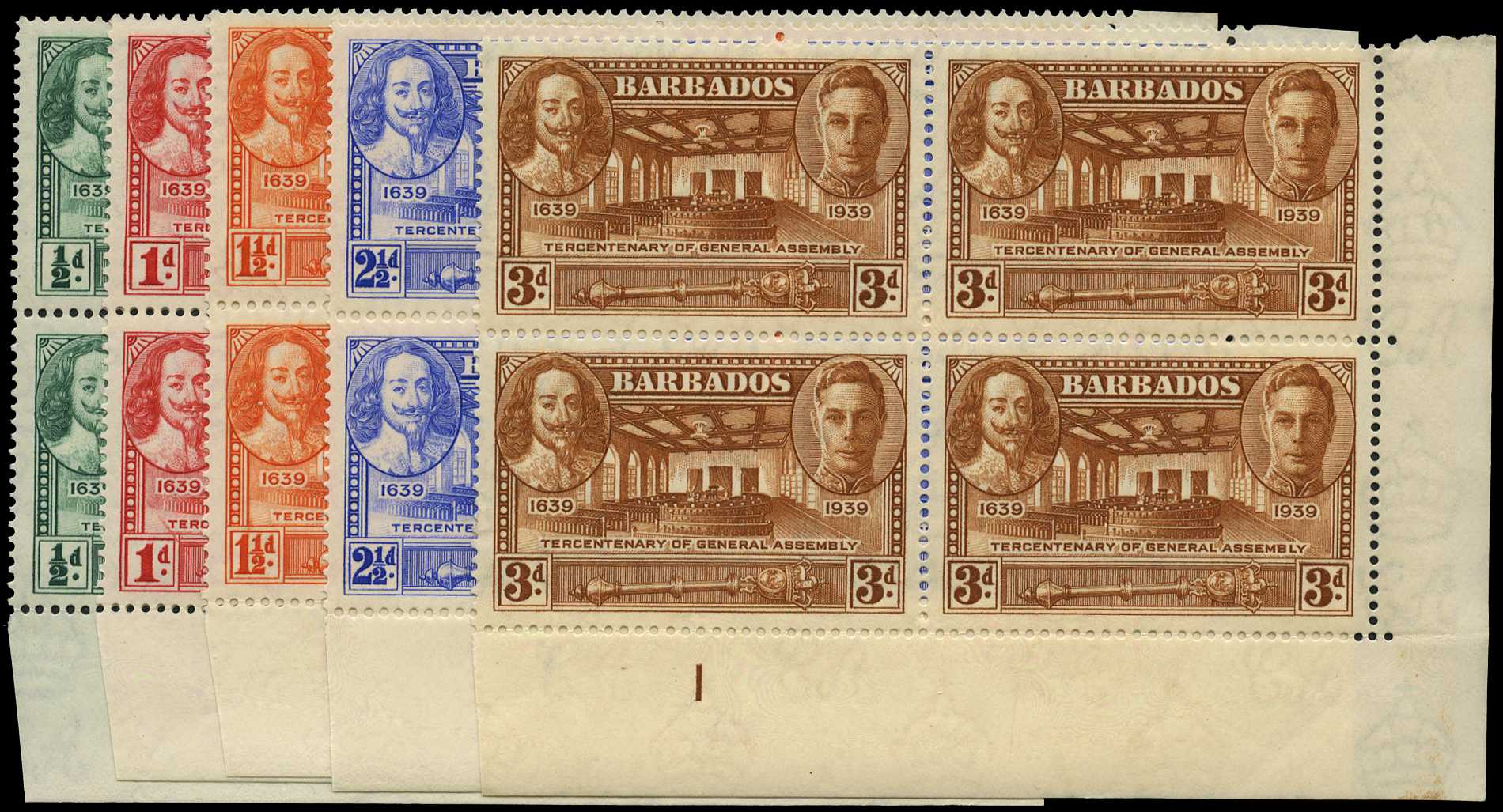 1939 Tercentenary set of five, o.g. lower...