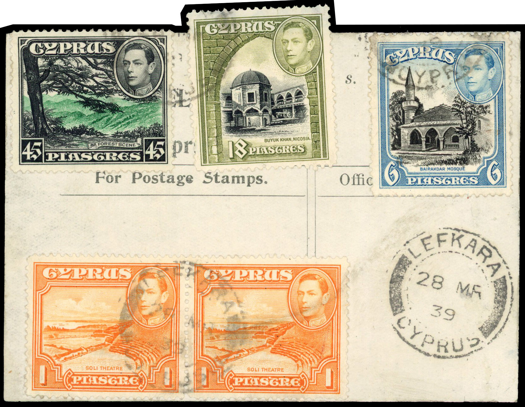 1939 parcel post label franked 2 x 1pi, 6pi, 18pi and 45pi tied ‘LEFKARA/28 MR 39’ cds, very scarce. ADDED TO R2000893/125