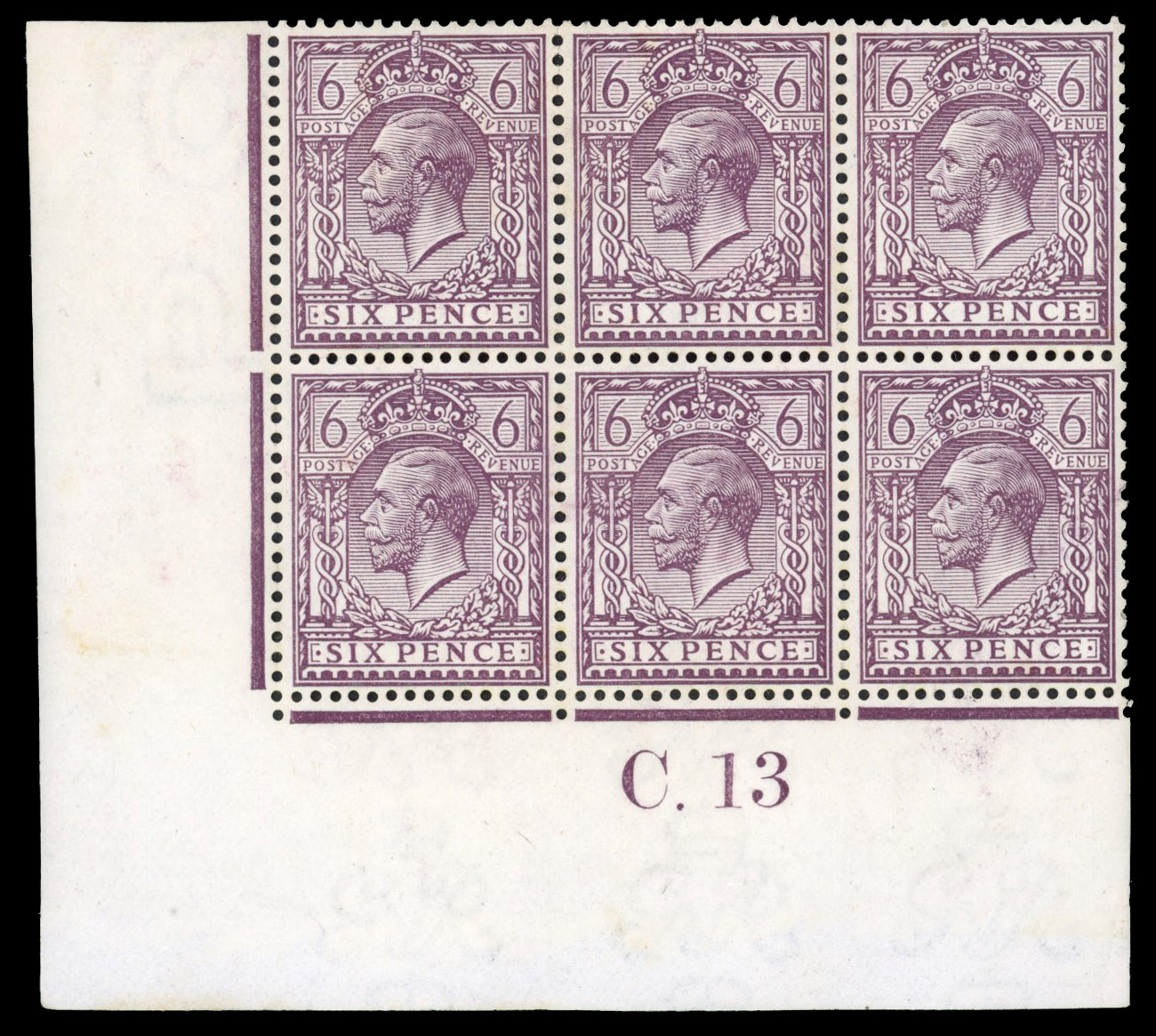 GB: 1912-24 6d slate purple, chalky paper, mint unmounted o.g. control C13 block of six in a wonderful pale shade