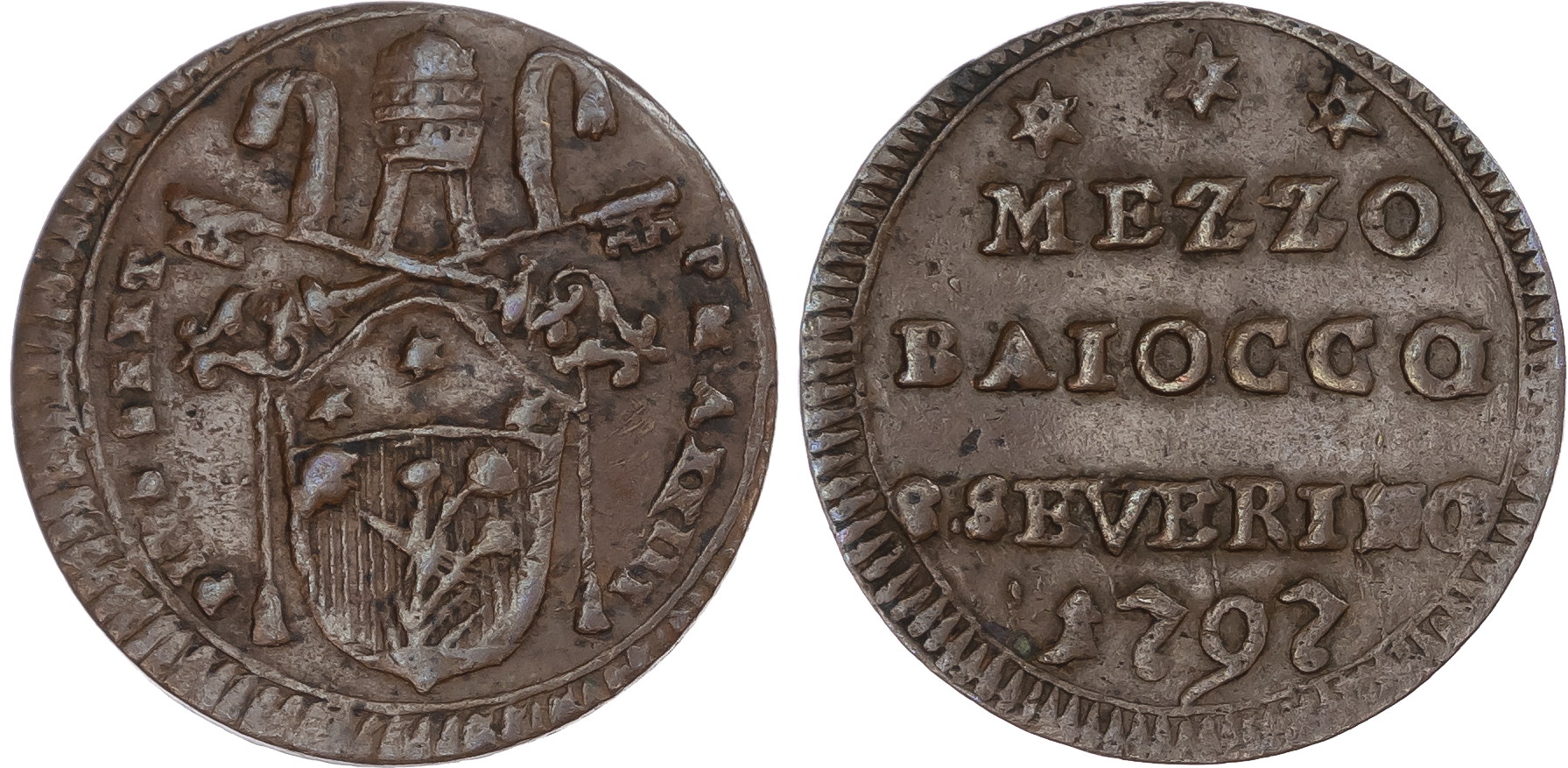 Italy, Papal States. San Severino, Pius VI CU Mezzo Baiocco. 1797. 