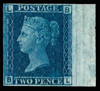 Great Britain 1861 2d Blue Pl.9. Superb unused right hand marginal imperforate imprimatur lettered BL, Very rare o…