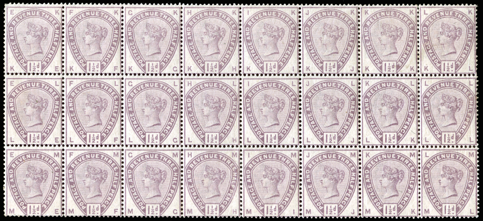 Great Britain 1884 1½d Lilac. A magnificent mint block of 24 lettered KE-ML. A couple of minor imperfecti…