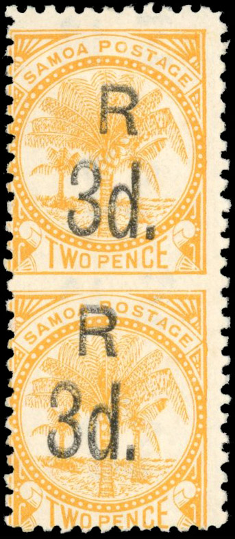 Samoa SG 79a 1896 3d on 2d vertical pair, imperforate between mint