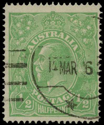 1915 ½d emerald, line perf 14¼. Fine duplex...