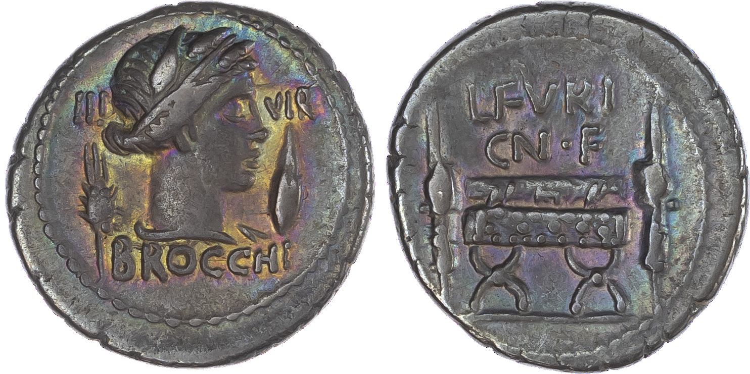 L. Furius Cn. f. Brocchus (63 BC) AR Denarius, mint of Rome, 3.79g. BROCCHI, III – VIR, head of Ceres facing right, wearing