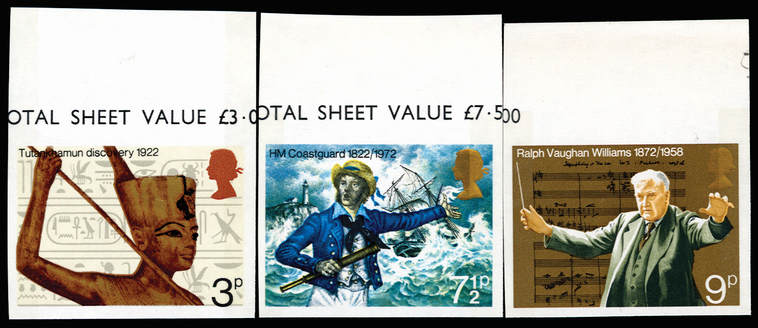 GB 1972 3p-9p "General Anniversaries". Superb unmounted o.g top marginal set of three imperforate impri… SG901/03var