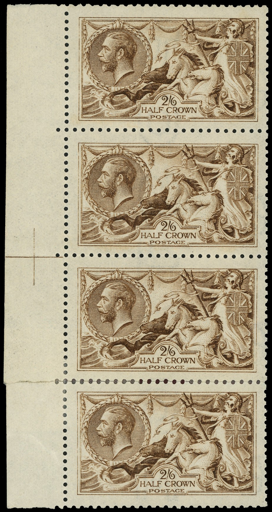 1915 2/6d yellow-brown, vertical strip of three and re-attached single