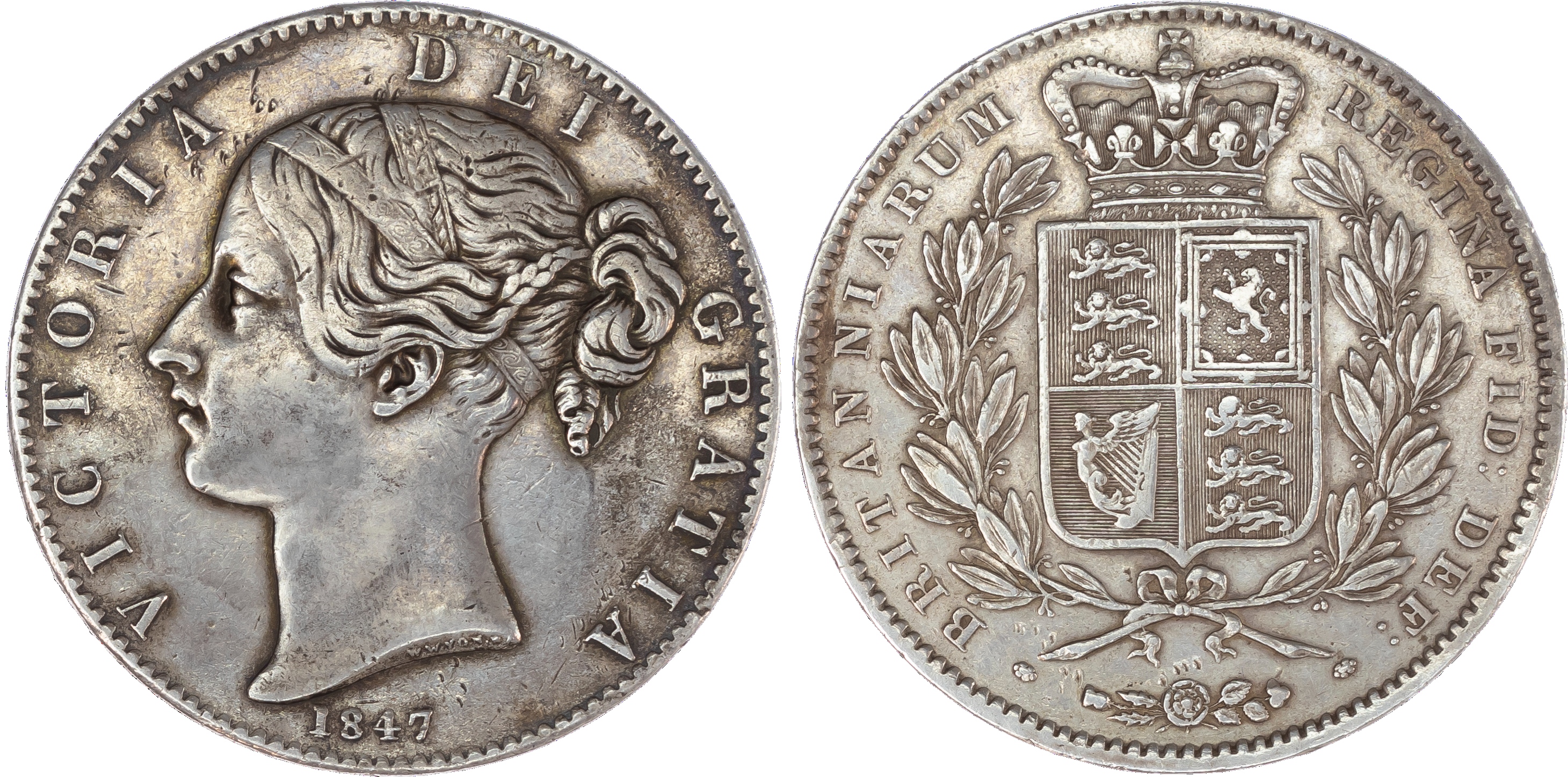 Victoria (1837‑1901), Crown, 1847, cinquefoil stops, young filleted head left, W WYON. RA raised on truncation, date below,