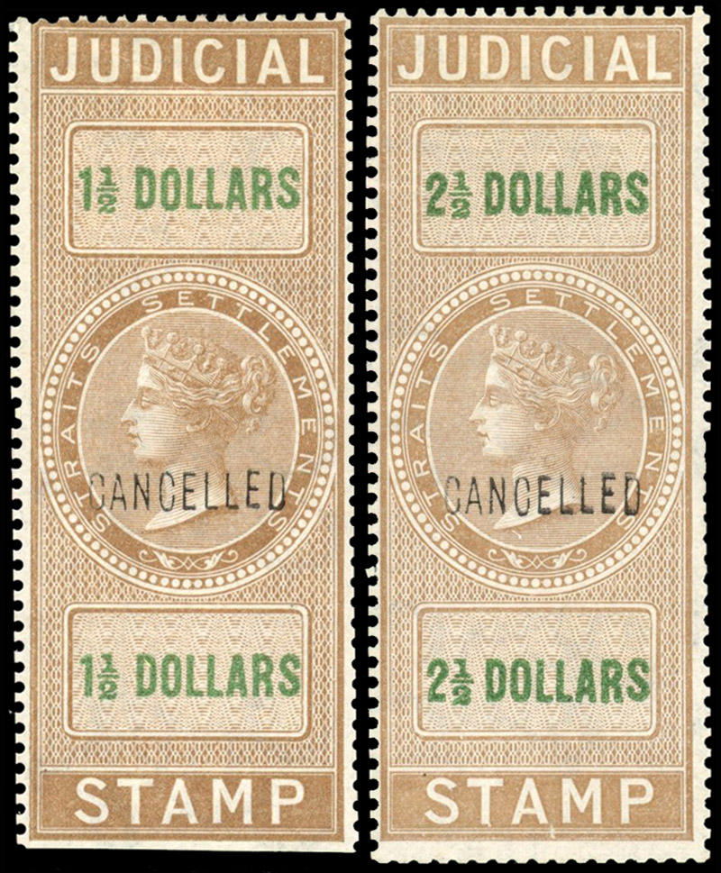 Straits Judicial 1871 Second Issue $1½ and $2½ Cancelled
