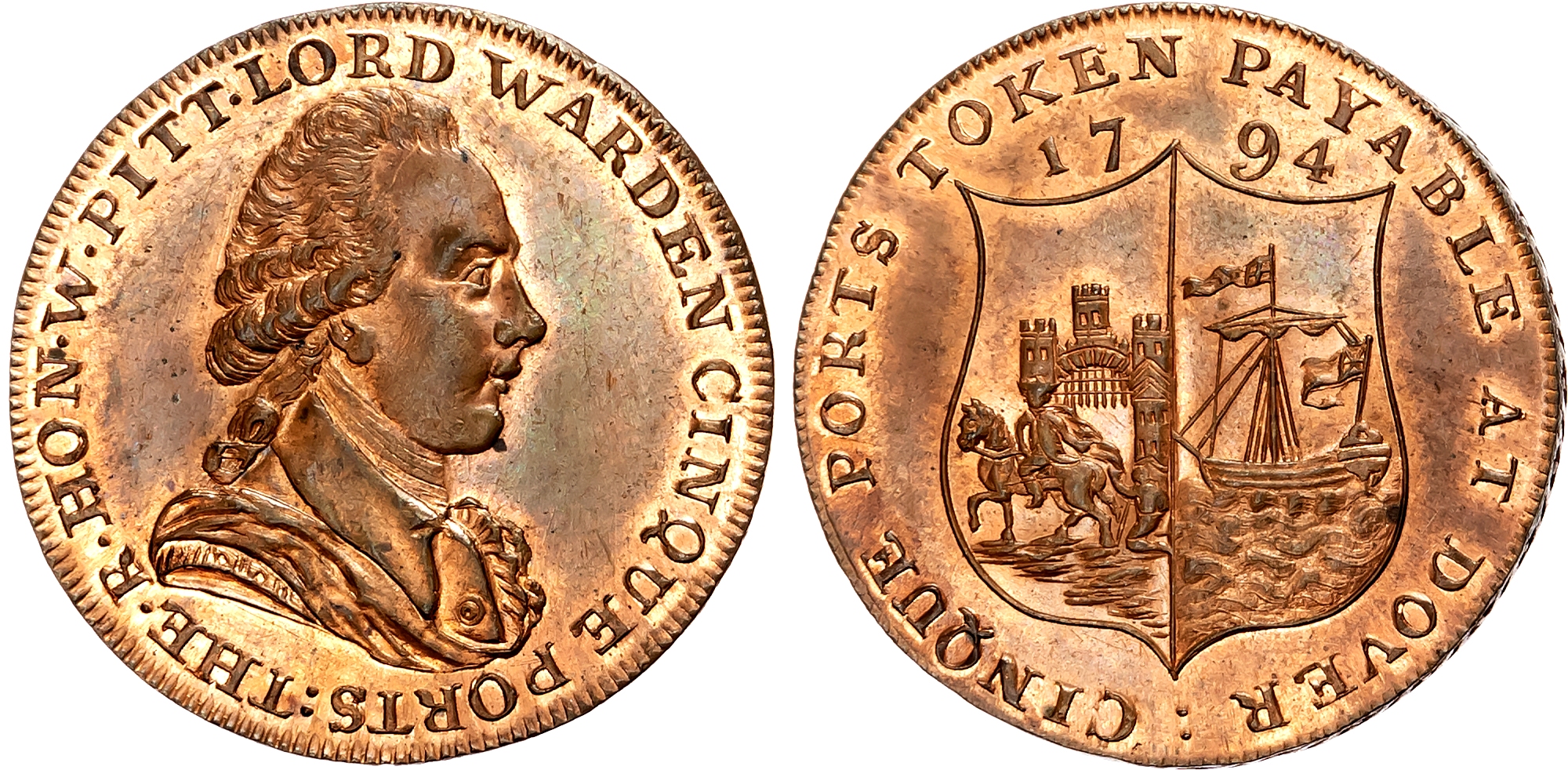 Kent, Dover , John Horn, (librarian, stationer and perfumer) Halfpenny 1794, Bust of William Pitt right, rev. Dover arm …