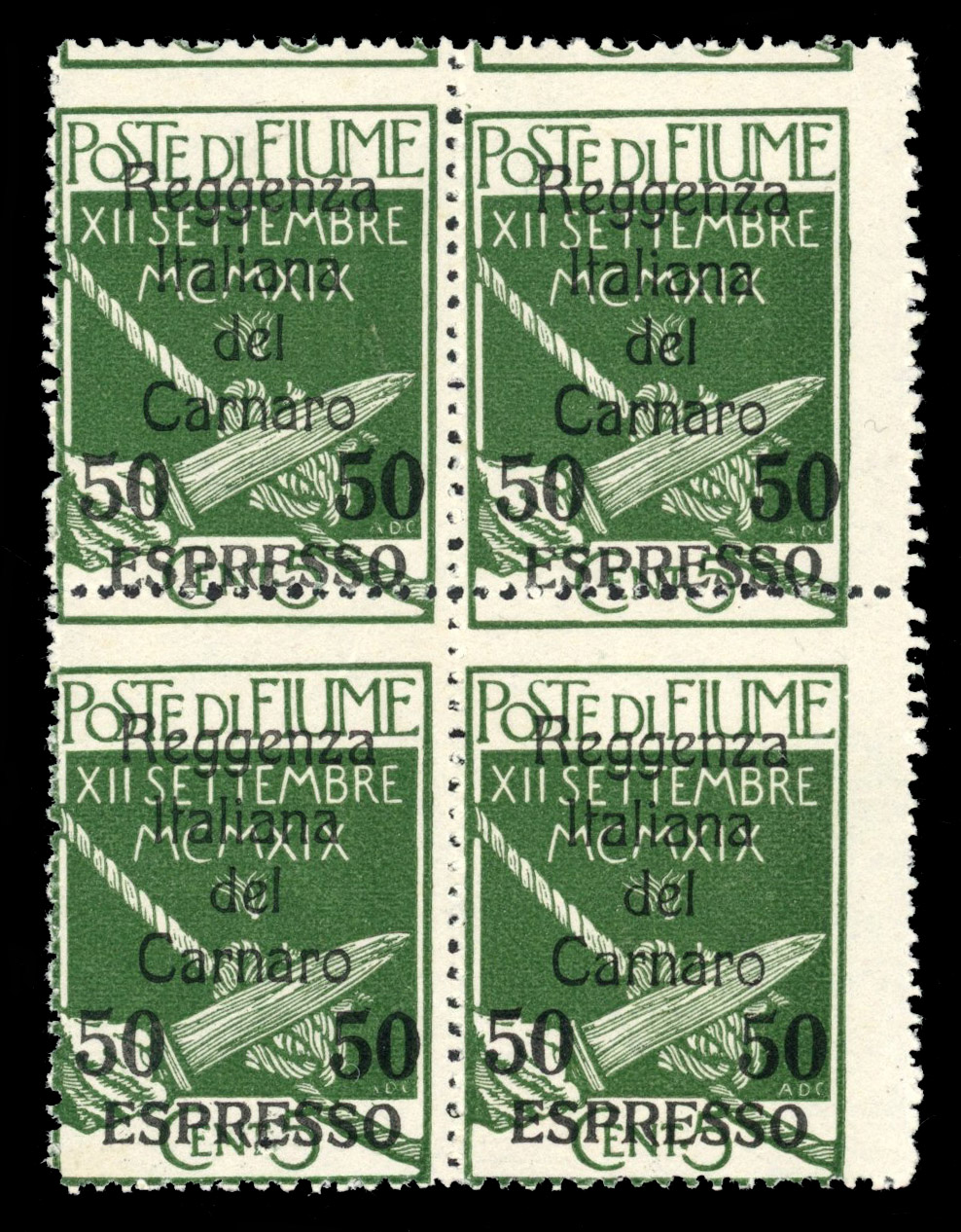 Italy Fiume 1920 Express Letter 50c on 5c block of four unmounted o.g., misperforated