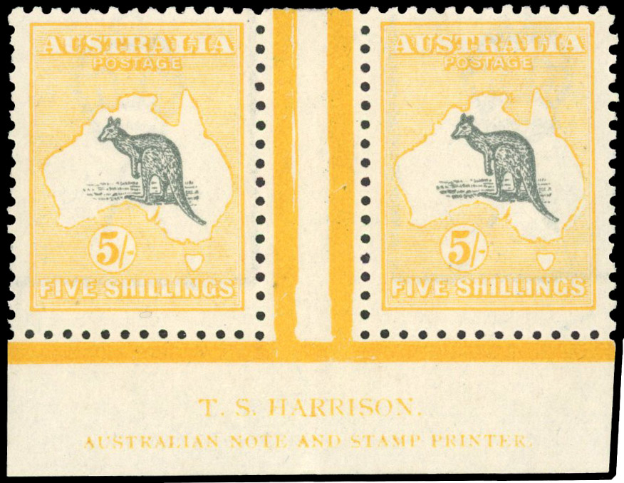 1915-27 Kangaroo 5s grey and yellow, wmk 6, lower marginal interpanneau pair 