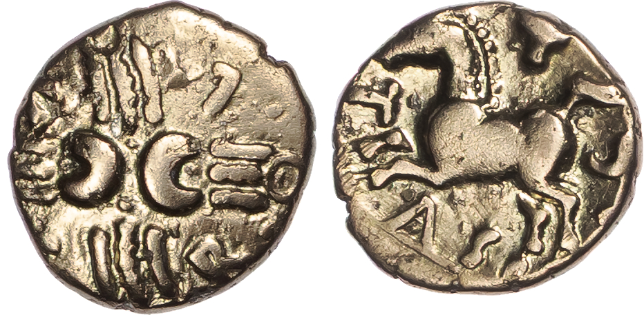 Trinovantes and Catuvellauni, Tasciovanus (c. 25 BC – AD 10) AV ¼ Stater, ‘Verlamion’ type, 1.17g.