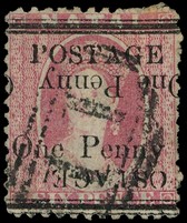 1879 1d on 6d rose with surcharge double, one inverted, '11' numeral cancel of Greytown.  SG 93c,...