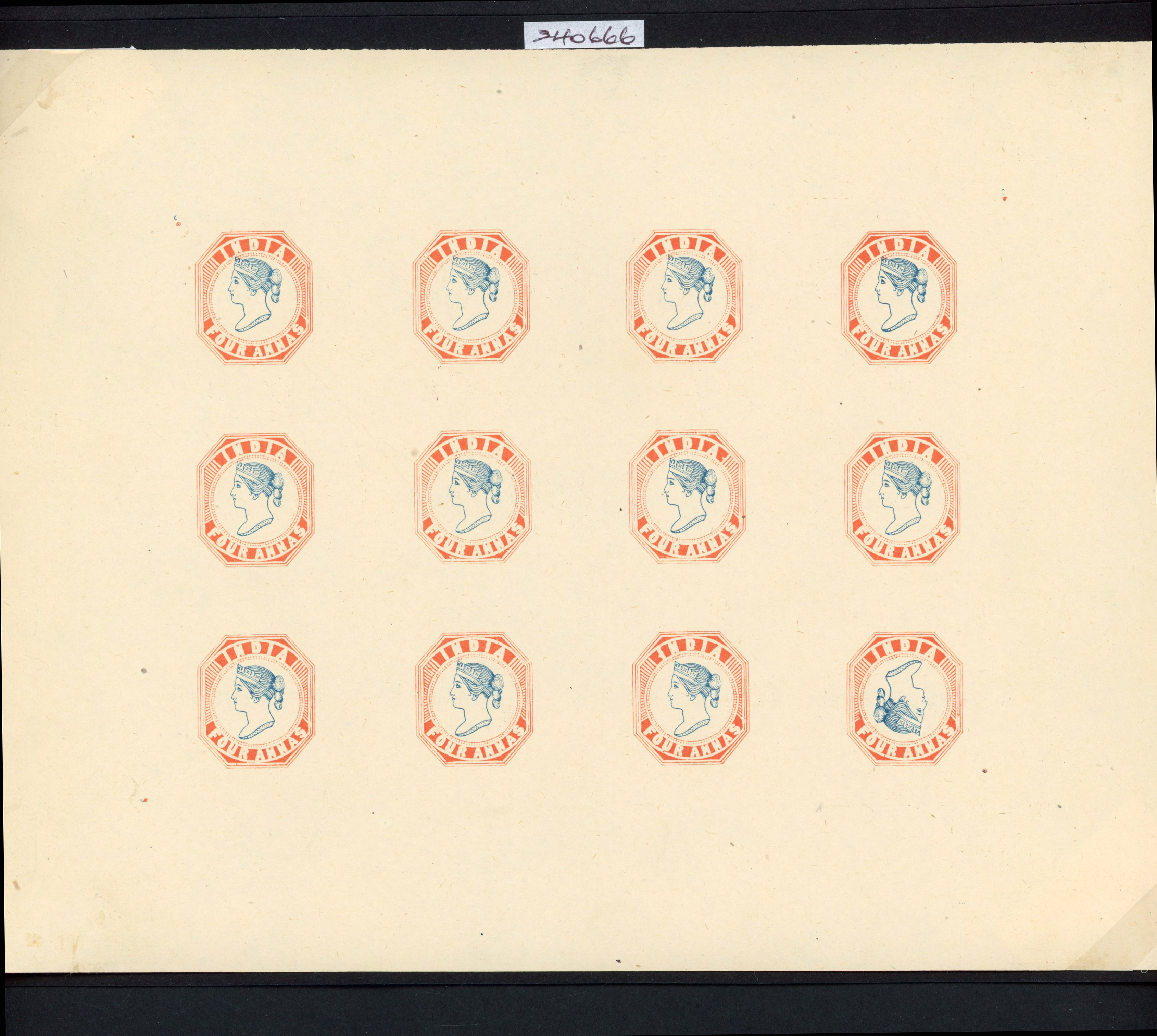 India 1854 reprints; 1890 4a sheet, one with inverted head