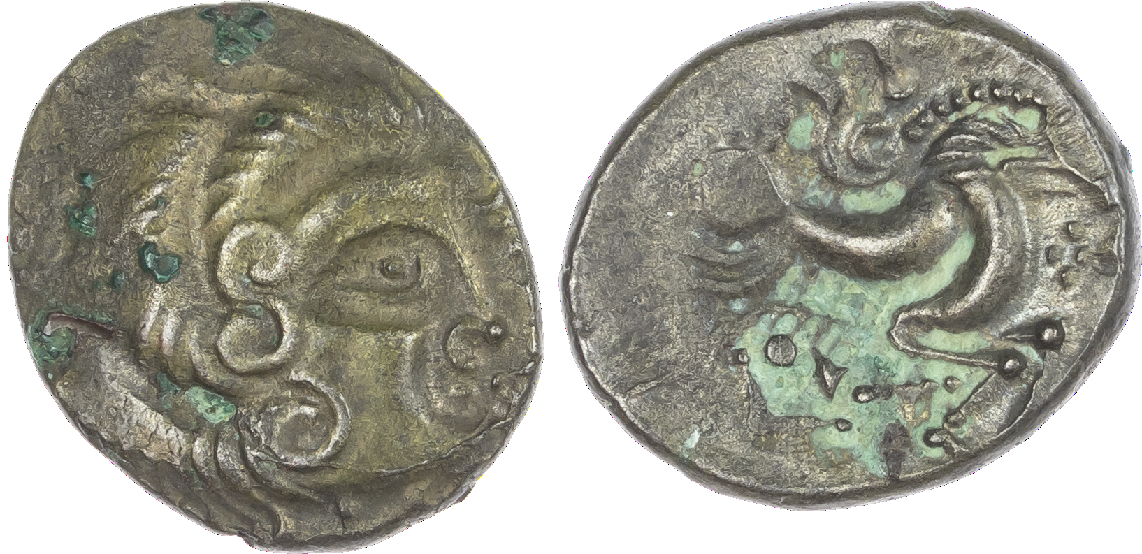 North West Gaul, Coriosolites (c. 100-50 BC) BI Stater, 6.55g. Stylised male head right, hair of large spiral curls. Rev.