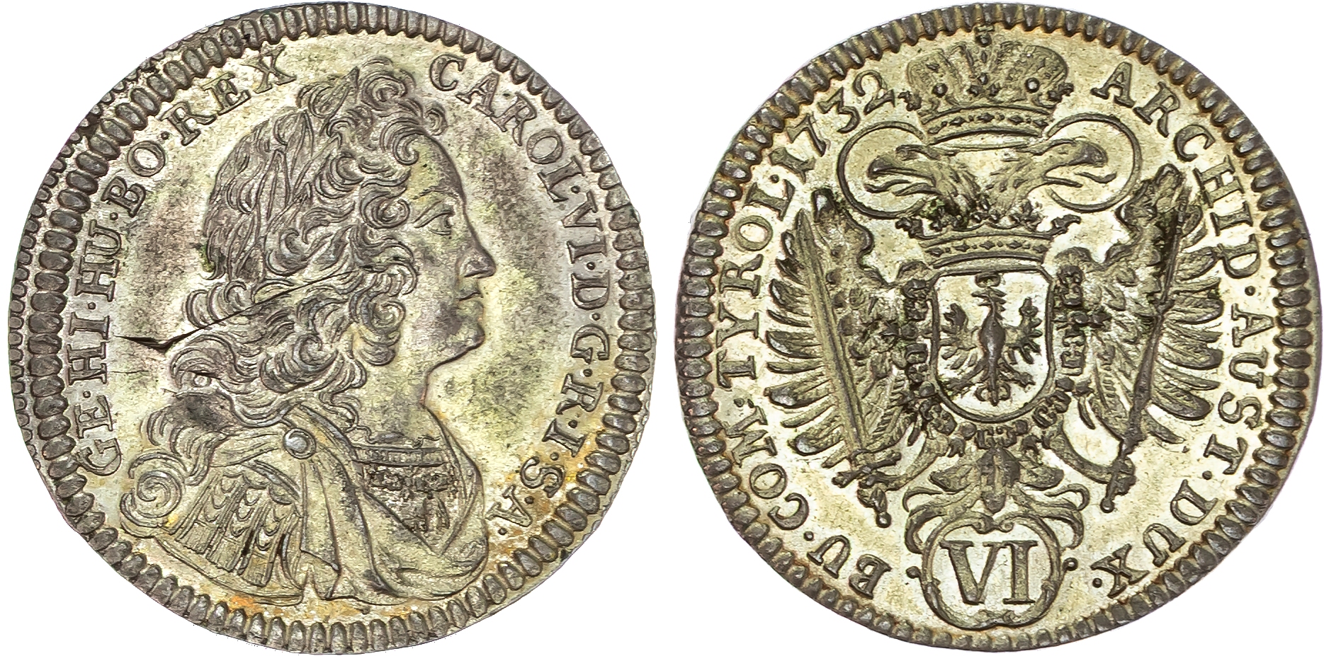 Austria , Charles VI (1711-1740), silver 6 Kreuzer, 1732, Hall, 3.56g (MT 884). Extremely Fine, die flaw on ob…