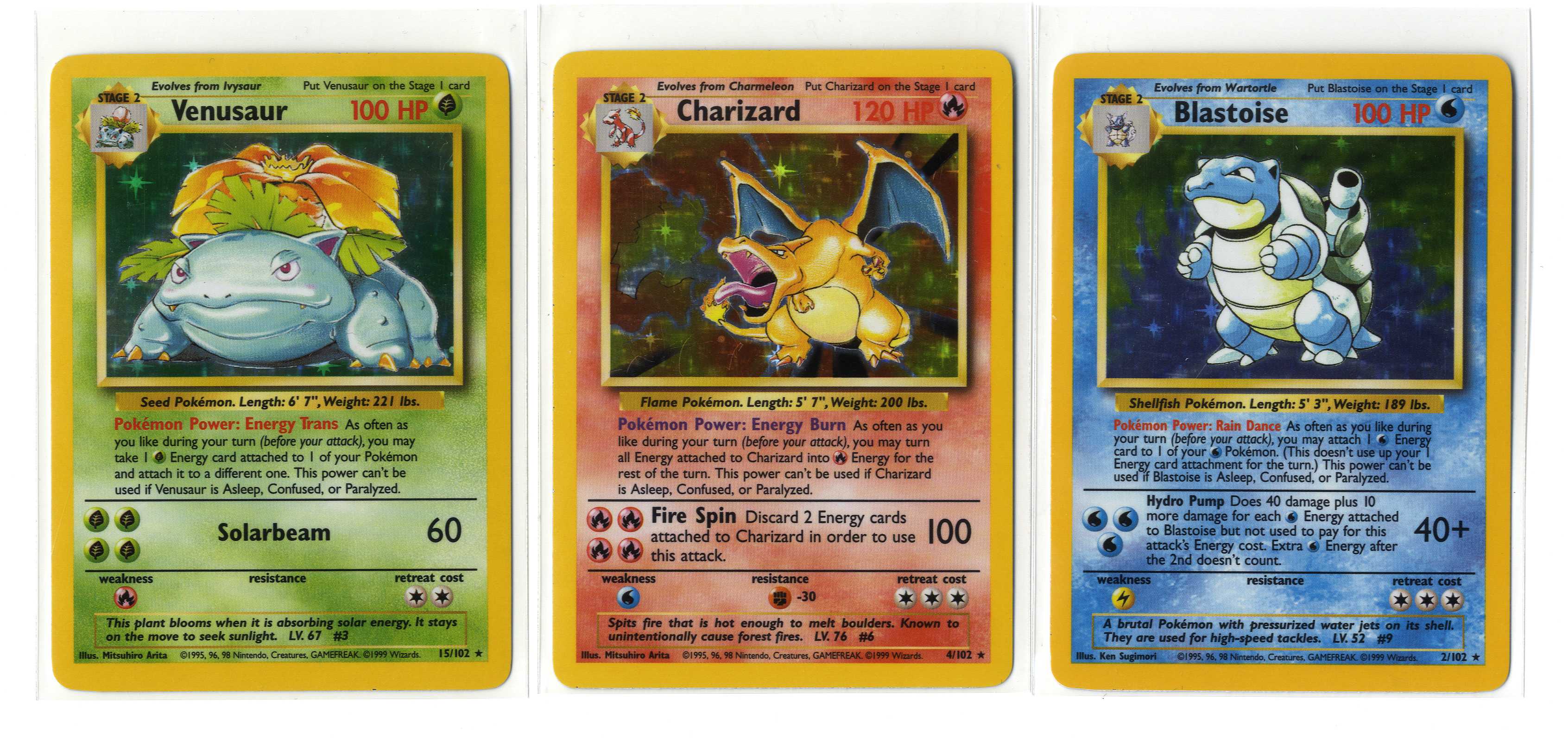 Blastoise #2 // Charizard #4 // Venusaur #15 - Base Set Unlimited (4th Print, VLP/NM)