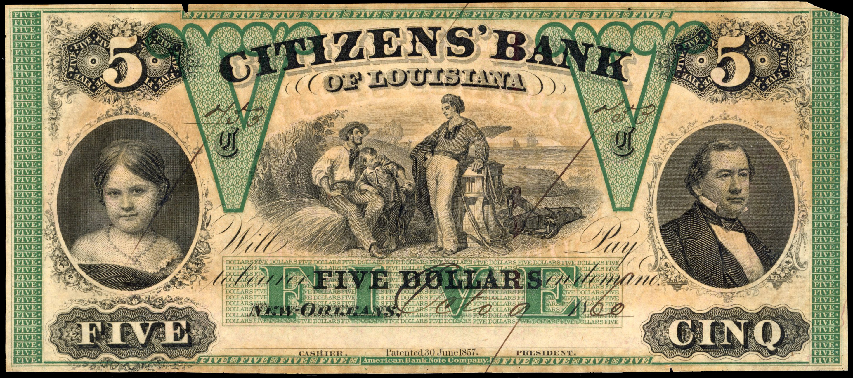 USA LA New Orleans, Citizens Bank Five Dollars, 9 Oct 1860, central vignette of sailors. About Extremely Fine …