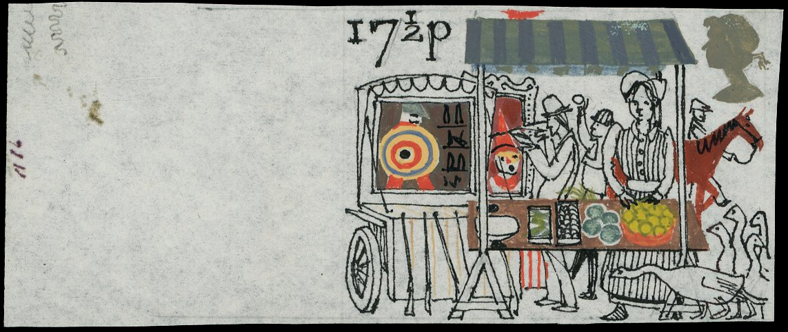 GB: ESSAY: 1983 17½p British Fairs, unadopted hand painted essay on white paper (7x3cm) containing elements