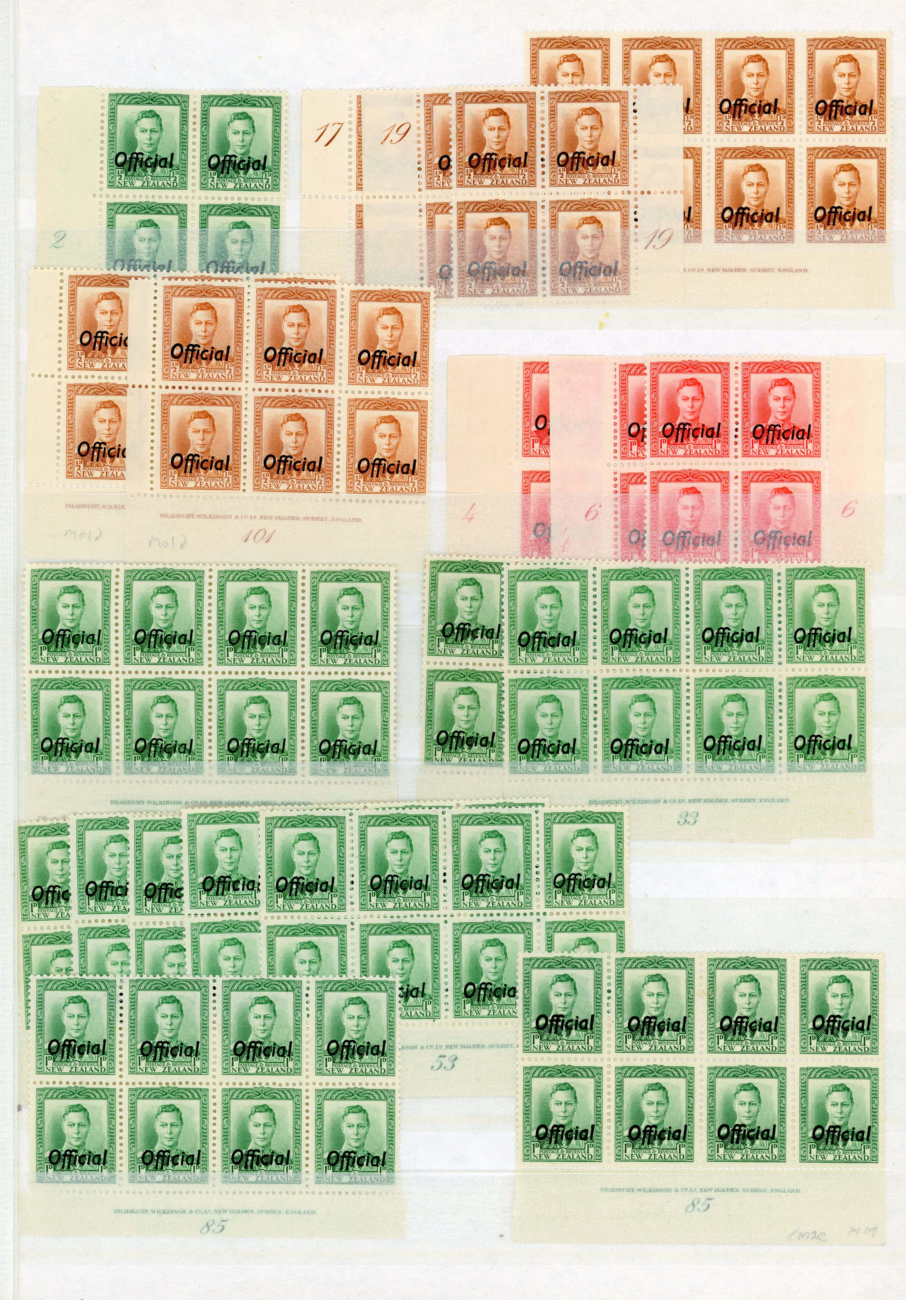 NZ SG O134/158 Official King's Head Plate blocks mint