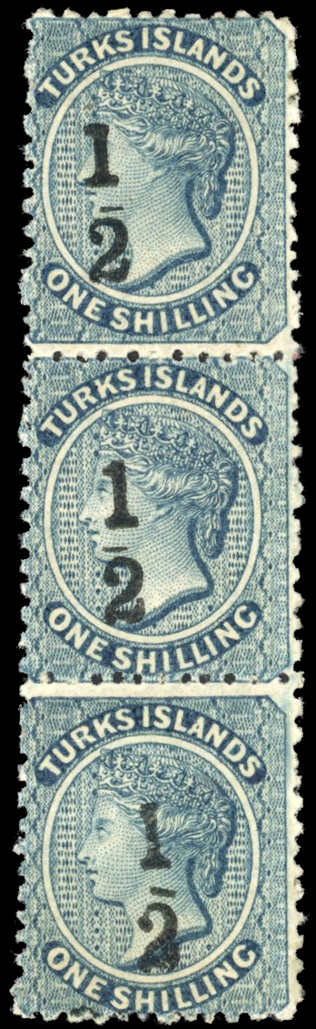 Turks Islands 1881 ½ on 1s vertical strip of three part o.g.