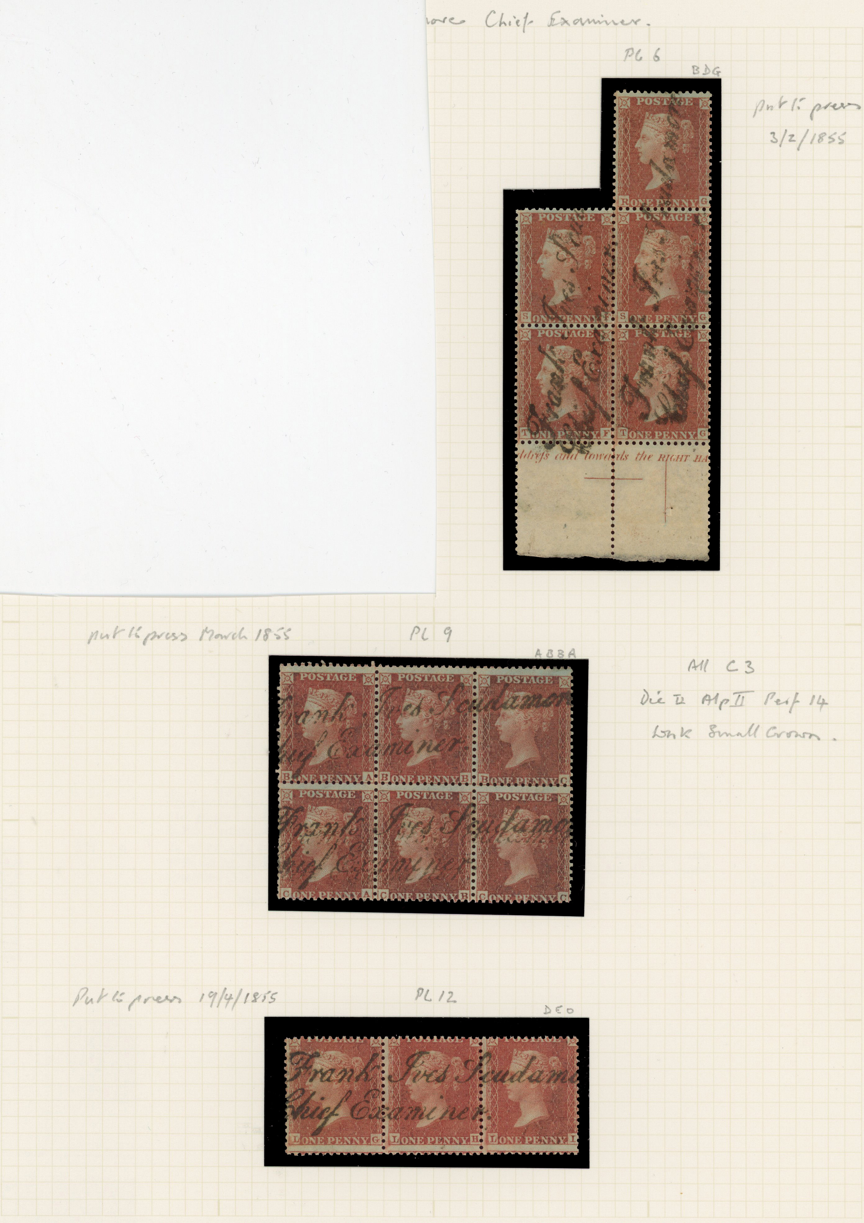 1855 1d Red-Brown Pl.6, 9 & 12. Three blocks/strip ‘Frank Ives Scudamore' H/S
