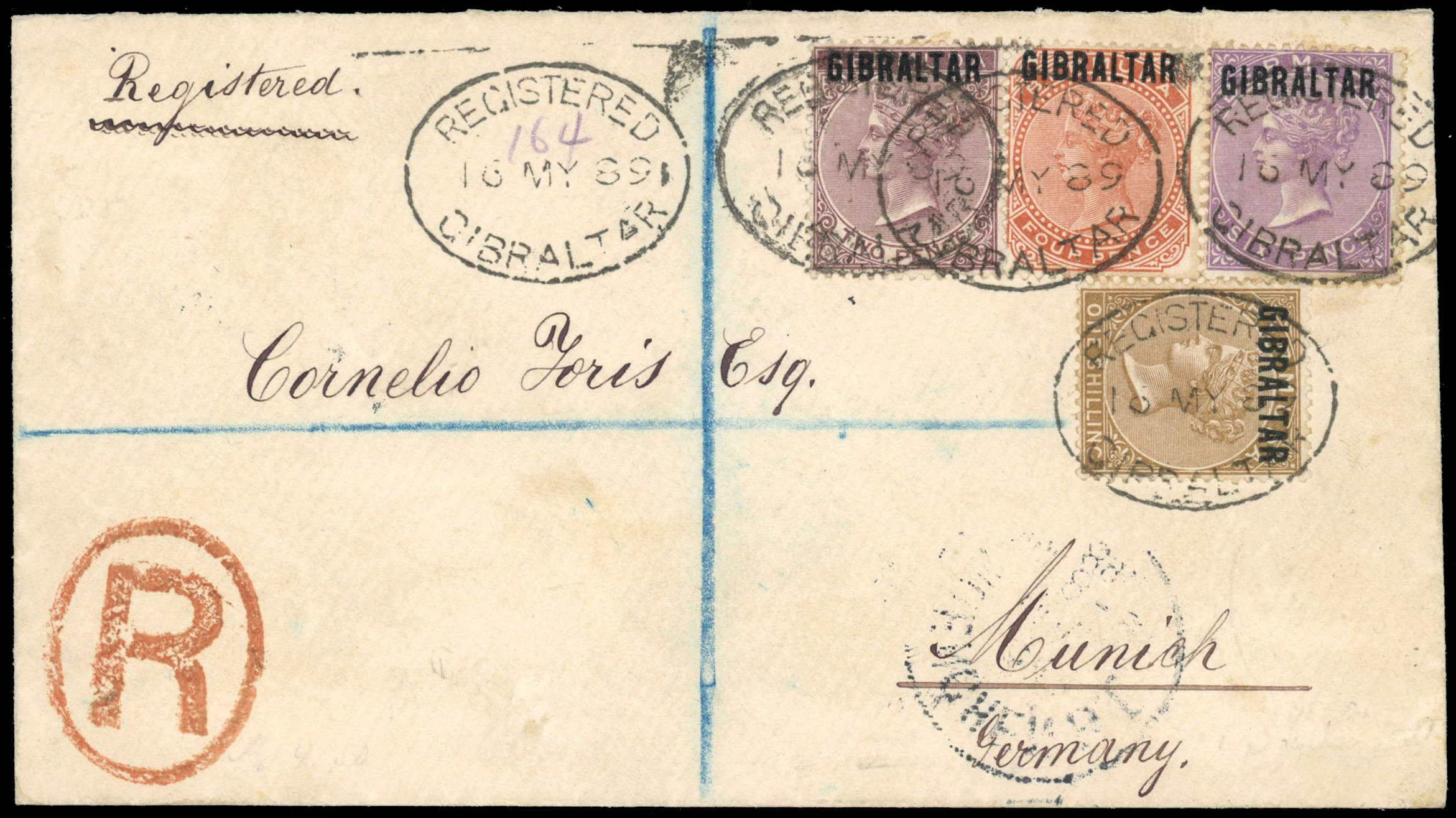 Gibraltar SG 3, 5-7 on 1889 registered cover to Munich