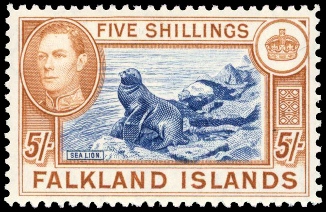 1938 5s indigo and pale yellow-brown, fine unmounted o.g. SG 161b