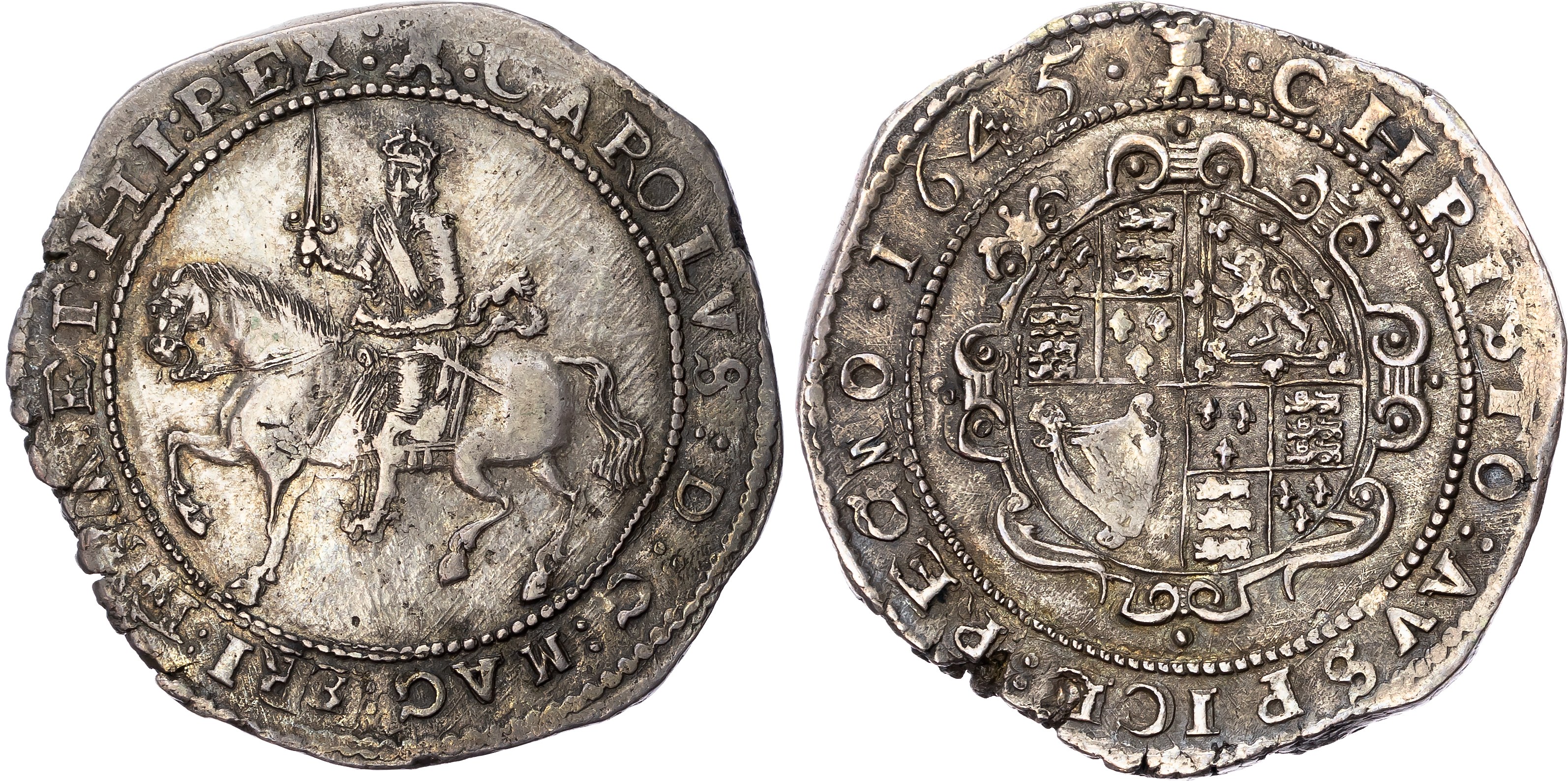 Charles I (1625-1649) Crown, Exeter mint, 1645, mintmark castle both sides. Armoured King on horseback left with upright…