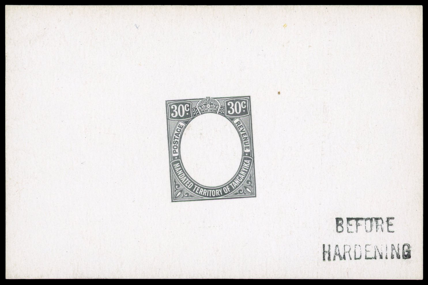 1927-31 30c De La Rue frame die proof in black on glazed card, undated, endorsed “BEFORE HARDENING” in black.